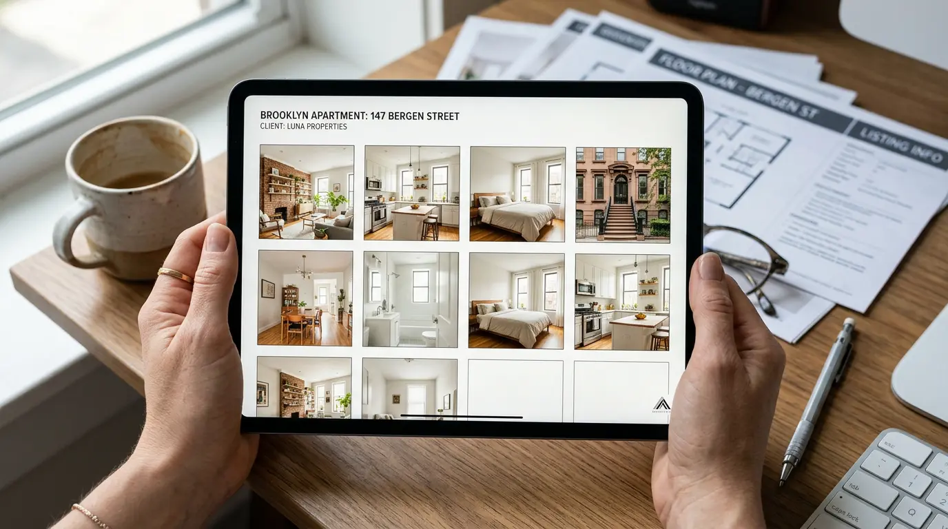 Real estate agent reviewing delivered Brooklyn apartment listing photos in online gallery on tablet
