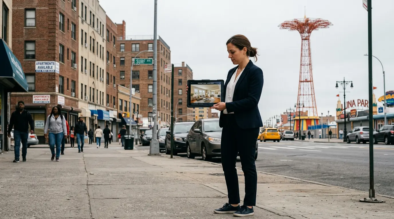 Real estate agent reviewing completed listing video on tablet on Surf Avenue Coney Island Brooklyn