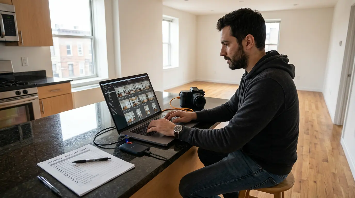 Real estate photographer reviewing Brooklyn listing photos on laptop with tethered camera and shot checklist