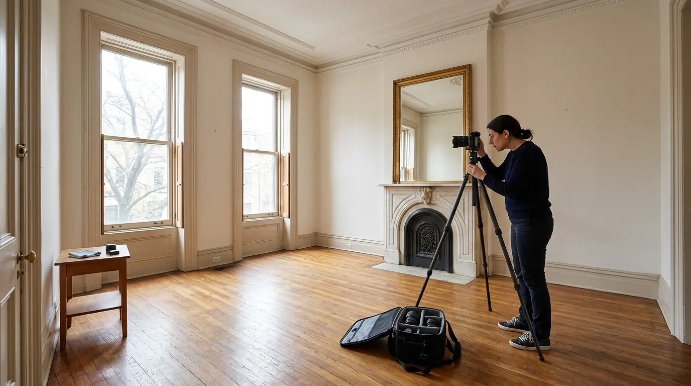 Real estate photographer setting up camera on tripod inside Brooklyn brownstone parlor-floor listing