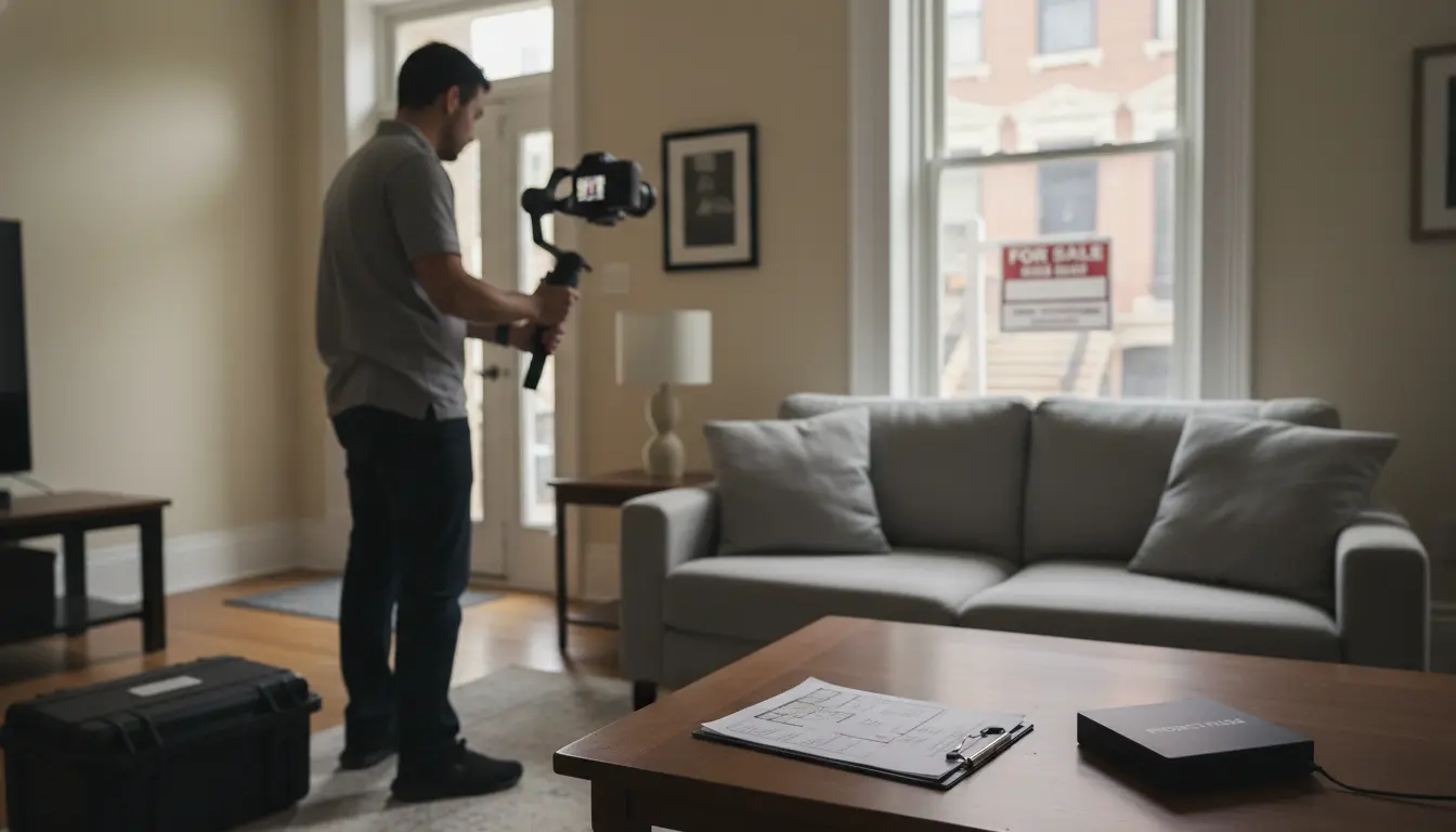 Real estate videography Brooklyn — videographer filming a brownstone living room interior with a gimbal while a 'For Sale' sign is visible through the window