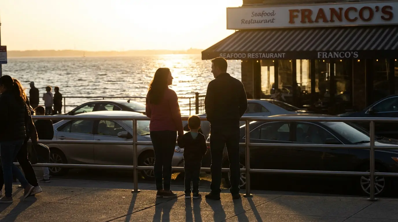 Wedding photography Sheepshead Bay example Emmons Ave portrait showing reflections, backlight, and visible street elements