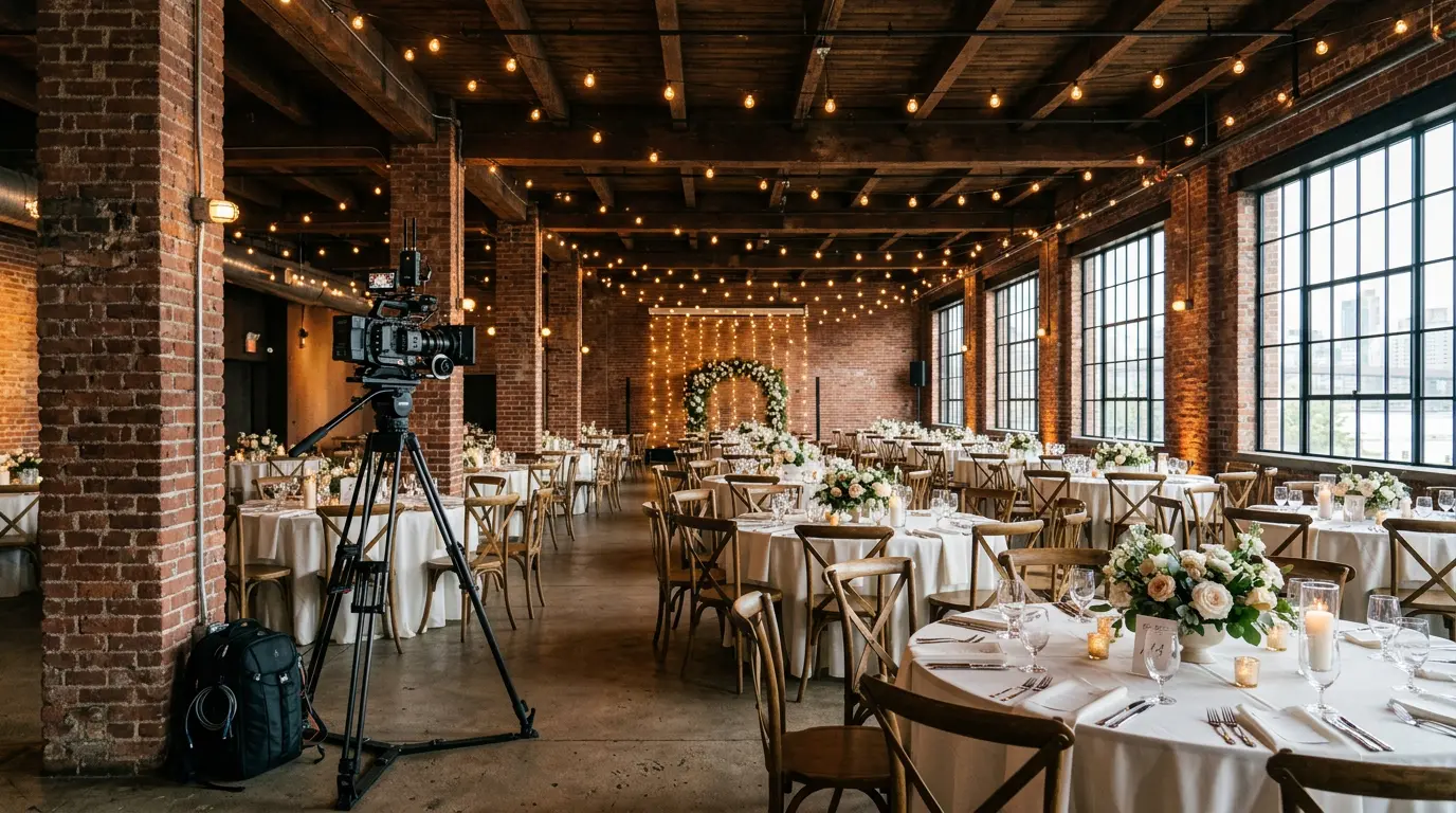 Wedding video production camera setup inside Red Hook Brooklyn warehouse event venue