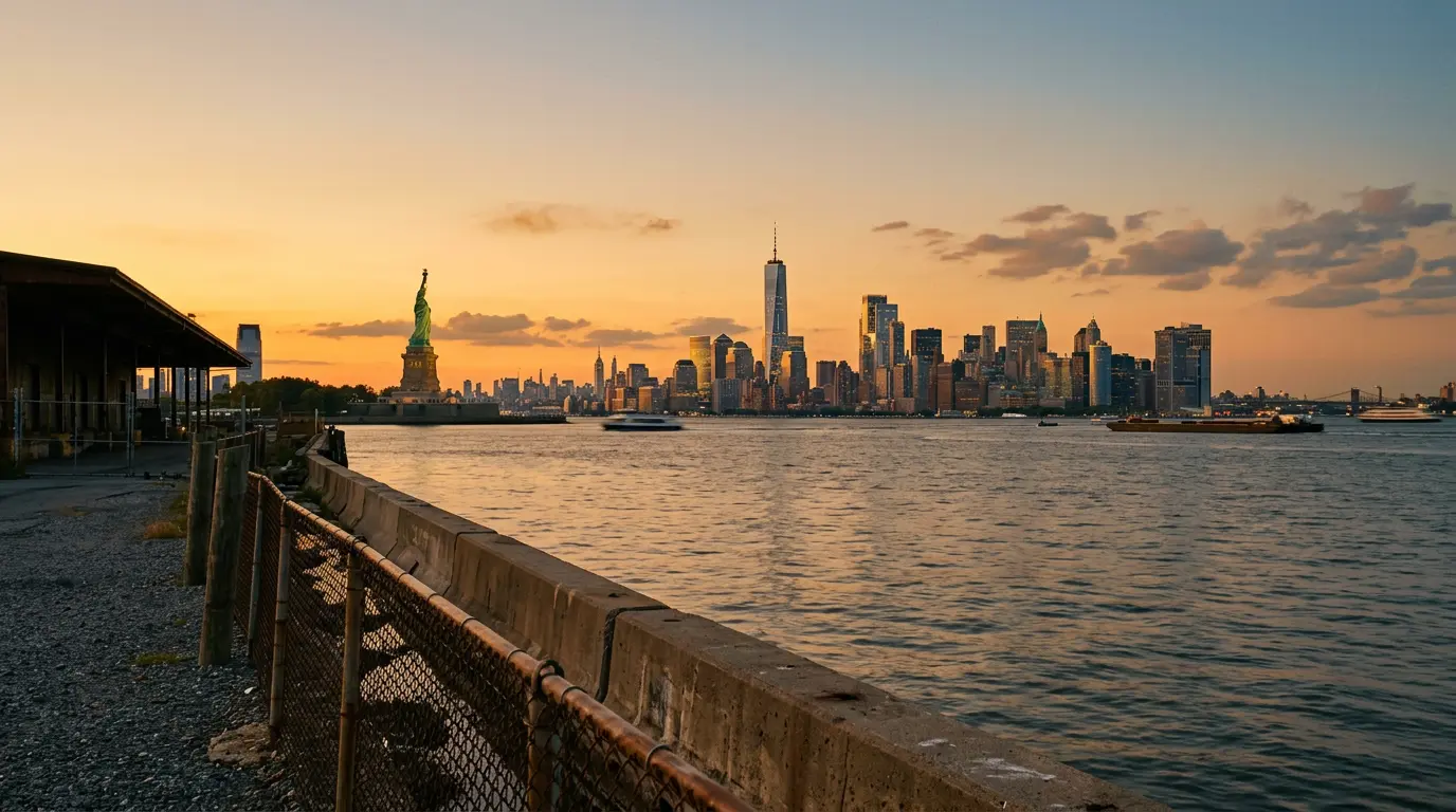 Cinematic video production location Red Hook Brooklyn waterfront Manhattan skyline view