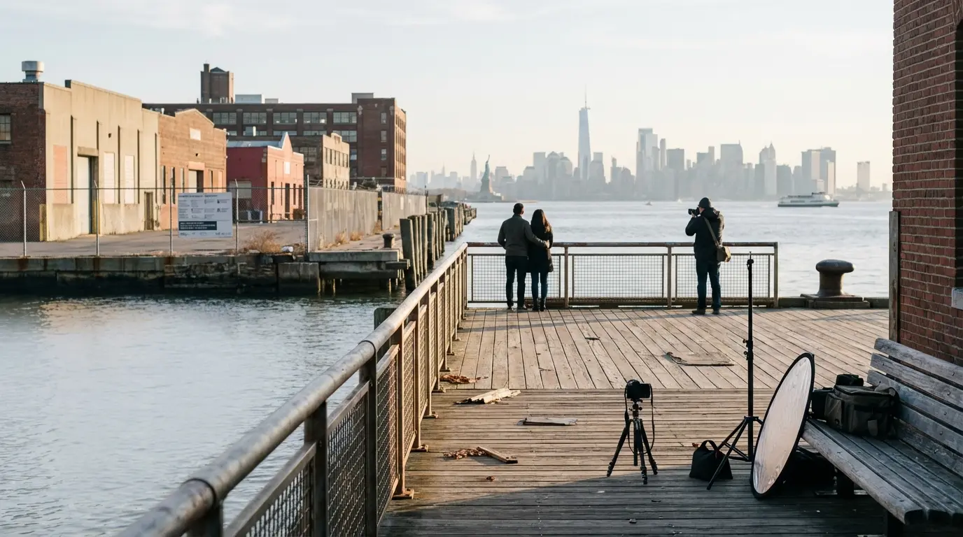 Wedding photographer Red Hook Valentino Pier small-footprint tripod and reflector with couple silhouette