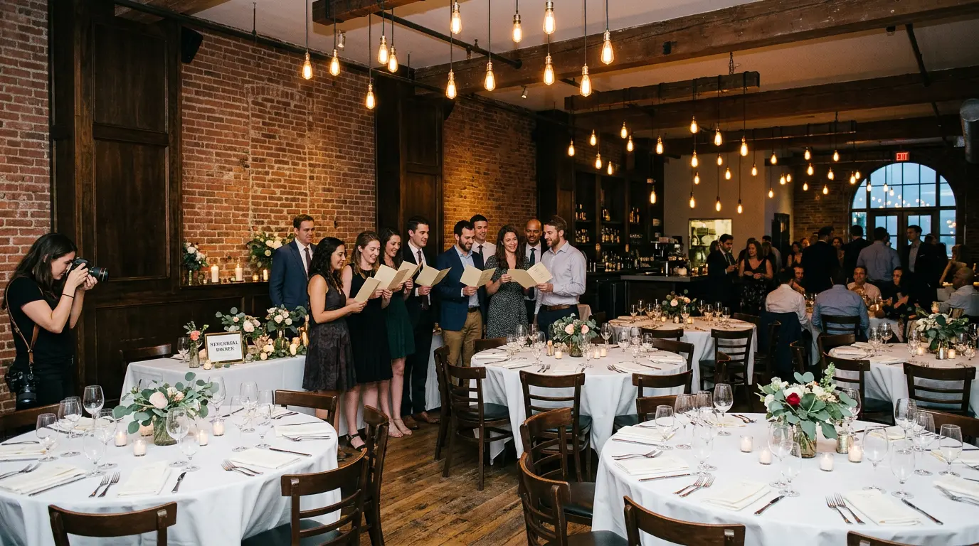 Rehearsal dinner photography inside a Brooklyn industrial-style event venue