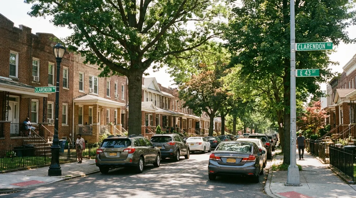 Wedding Photography, East Flatbush — low-rise row houses and street tree canopy on a residential block