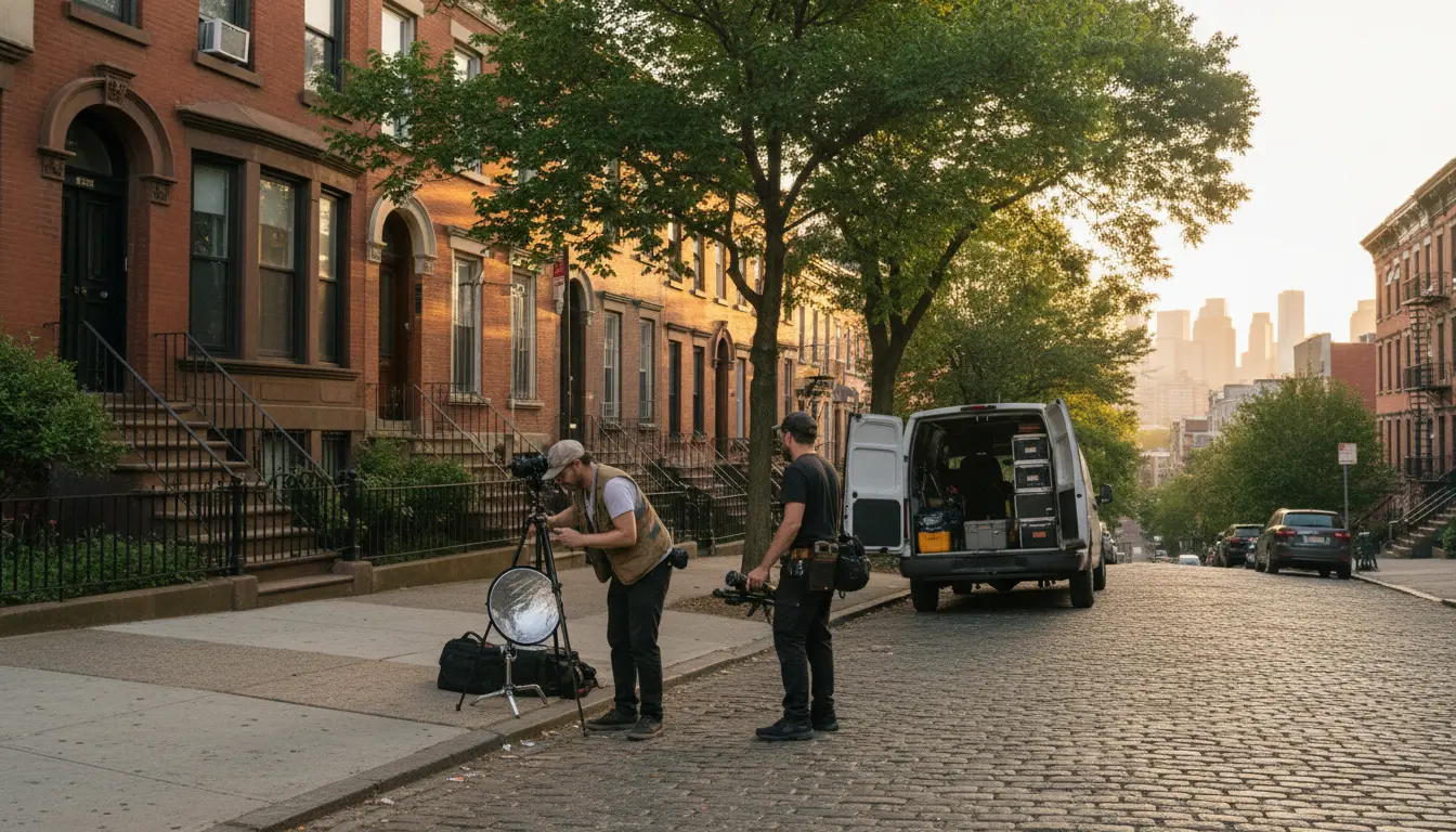 Wedding Photography Sunset Park residential block near 6th–7th Ave showing photographer setting up reflector and tripod on a sloped sidewalk
