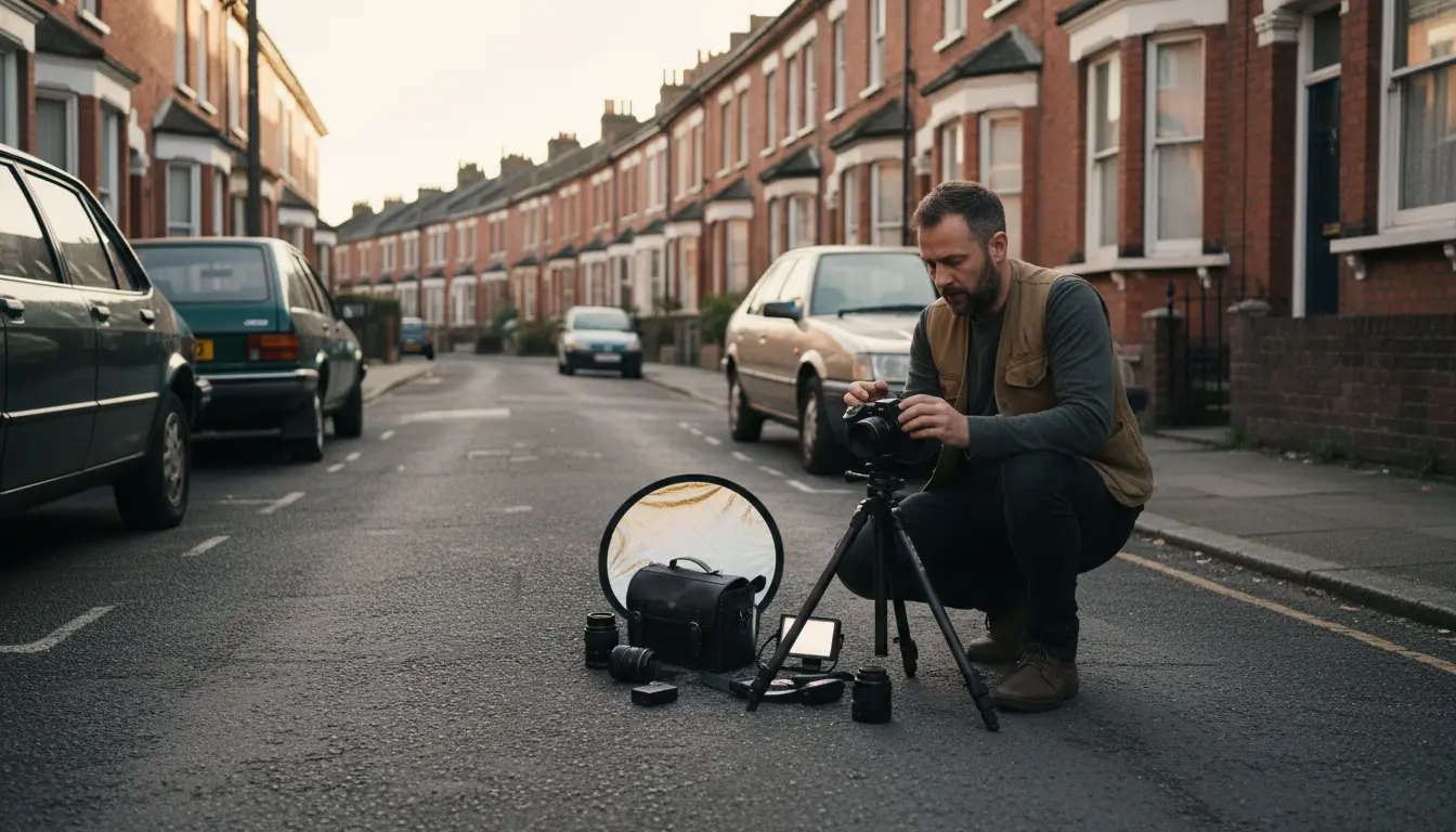 Wedding Photography Gravesend - photographer setup on narrow residential block with compact kit