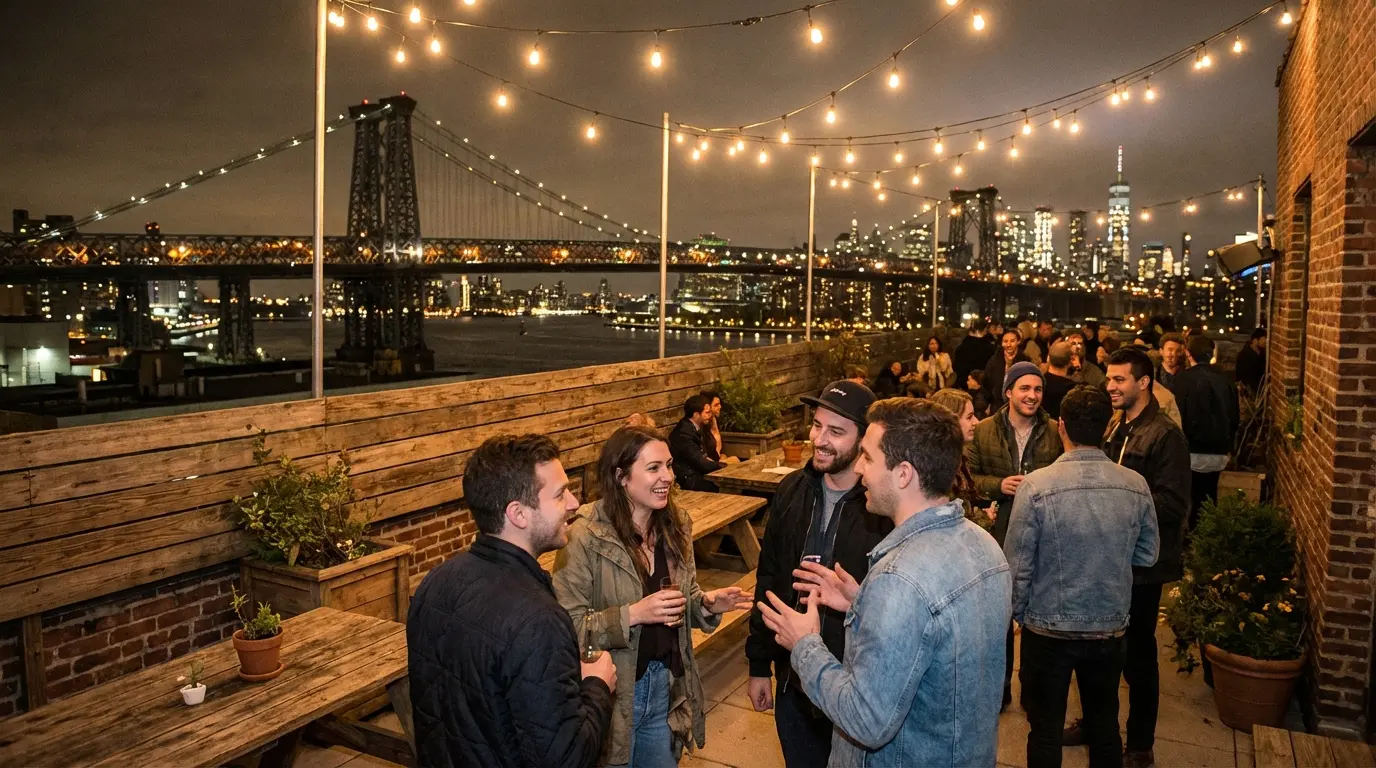 Event photography at a rooftop party in Williamsburg, Brooklyn, NY with Williamsburg Bridge visible