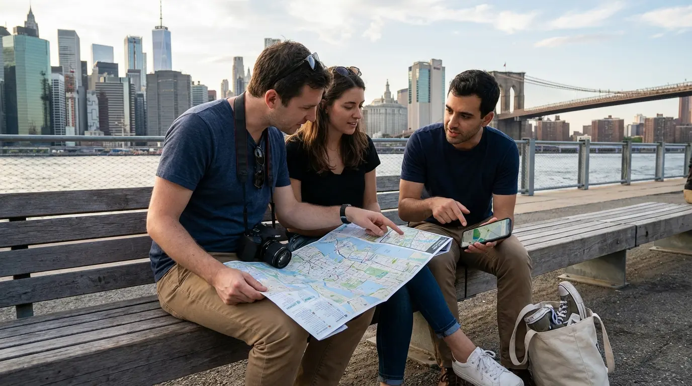 Trash-the-dress session planning in Brooklyn Bridge Park showing photographer and couple reviewing route map