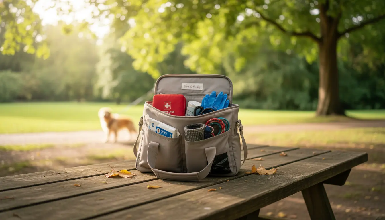 pet photography Brooklyn safety kit with first-aid, disinfectant wipes, spare leashes and harness