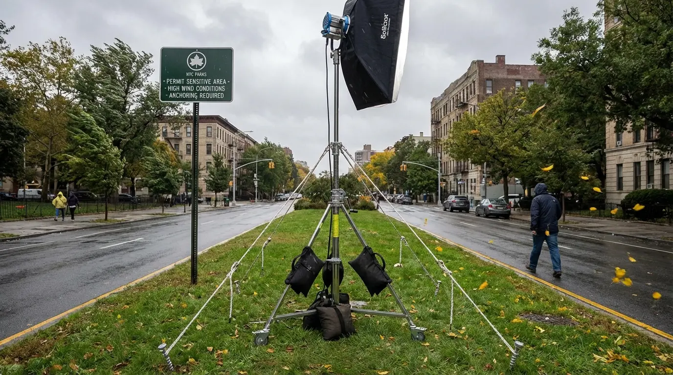 Wedding Photography Crown Heights sandbagged light stand on Eastern Parkway median showing wind and permit context