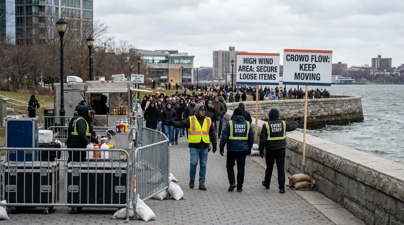 Wedding Photography Williamsburg — sandbags and a small crew securing light stands at Domino Park edge to mitigate wind and crowd risks