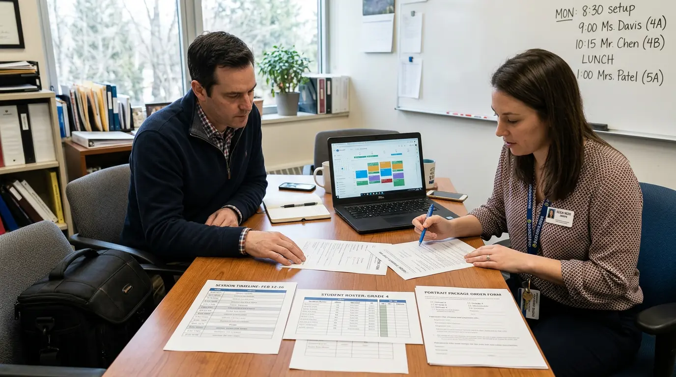School portrait planning session between photographer and school administrator at Brooklyn school