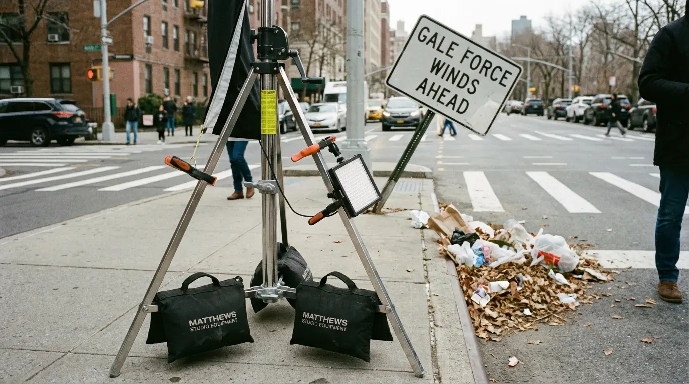 Wedding Photography: weighted light stand and sandbags on a Flatbush Avenue corner in Flatbush, Brooklyn showing wind and sidewalk clutter.