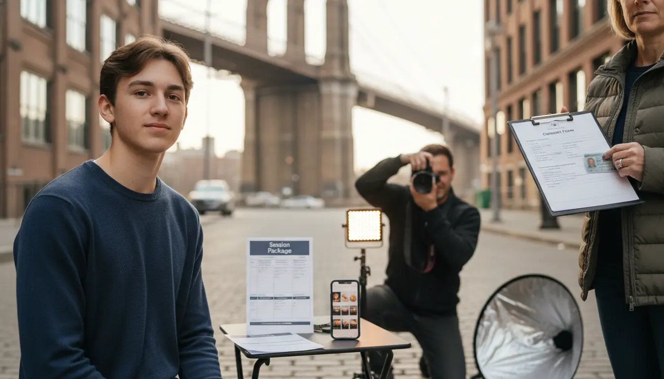 Senior class photography Brooklyn — senior posing in DUMBO with photographer and lighting kit visible