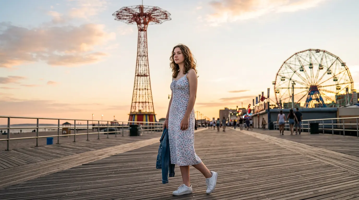 Senior portrait session on Coney Island Boardwalk with Parachute Jump landmark Brooklyn NY