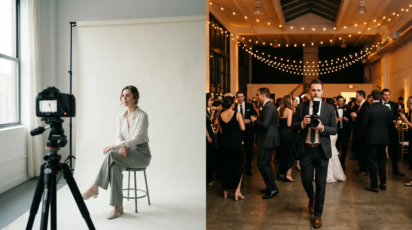 Brooklyn wedding photography services and packages page showing split-frame composition: intimate natural-light portrait session on left side and full wedding reception production with string lights and photographer in motion on right side