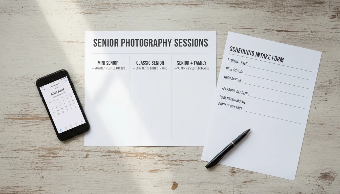Senior portrait session package and booking materials Brooklyn — package names and scheduling info visible