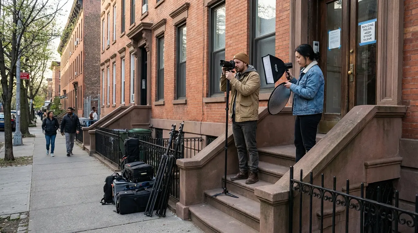 Wedding Photography Bay Ridge — photographer preparing equipment on church steps/residential stoop with compact gear due to limited sidewalk space.