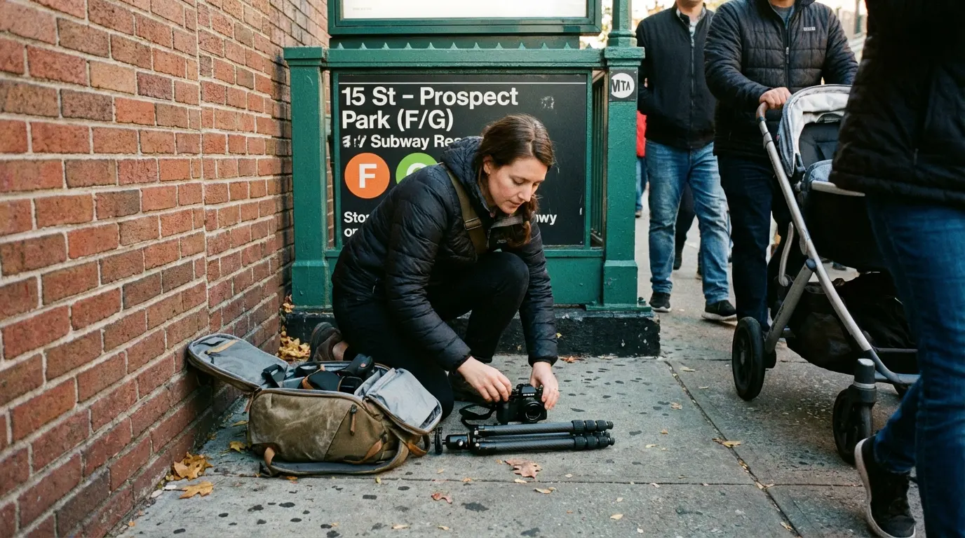 Wedding Photography equipment setup near 15 St–Prospect Park subway entrance, Windsor Terrace