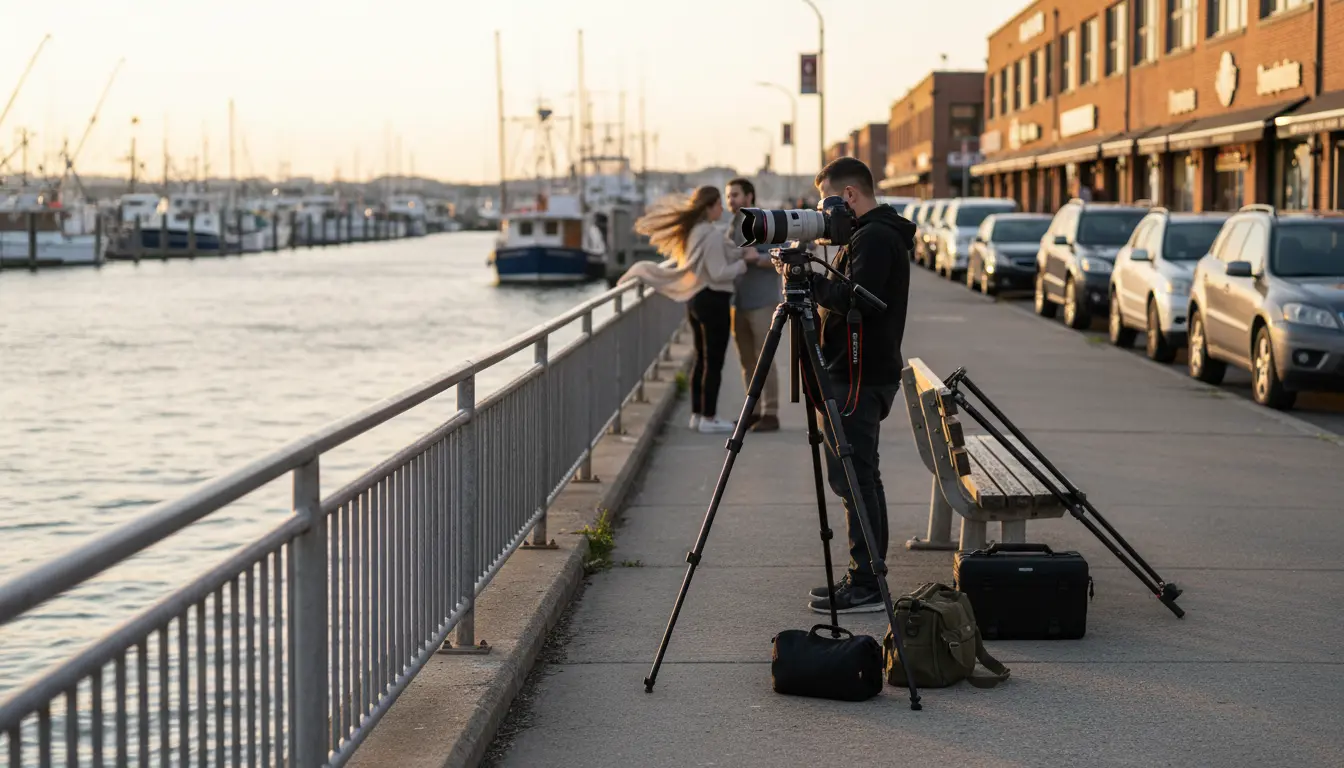 Wedding photographer Sheepshead Bay tripod-weighted shoot on Emmons Avenue promenade with couple posing and marina in background