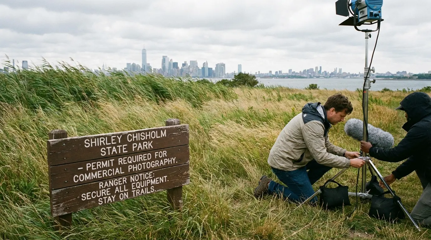 Wedding photography East New York Shirley Chisholm State Park meadow with permit sign and windscreened equipment