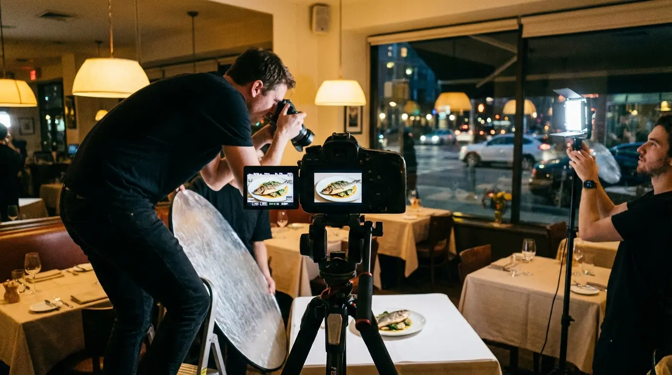Food photography Brooklyn: photographer shooting plated dish in dim Brooklyn restaurant