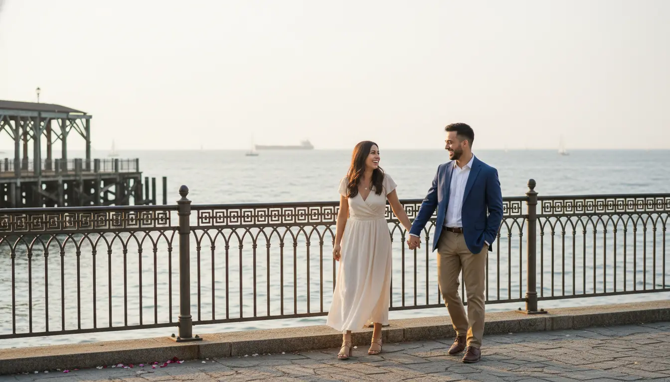 Wedding Photography Bay Ridge — outdoor portrait session at Shore Road Promenade with bay and pier in background.
