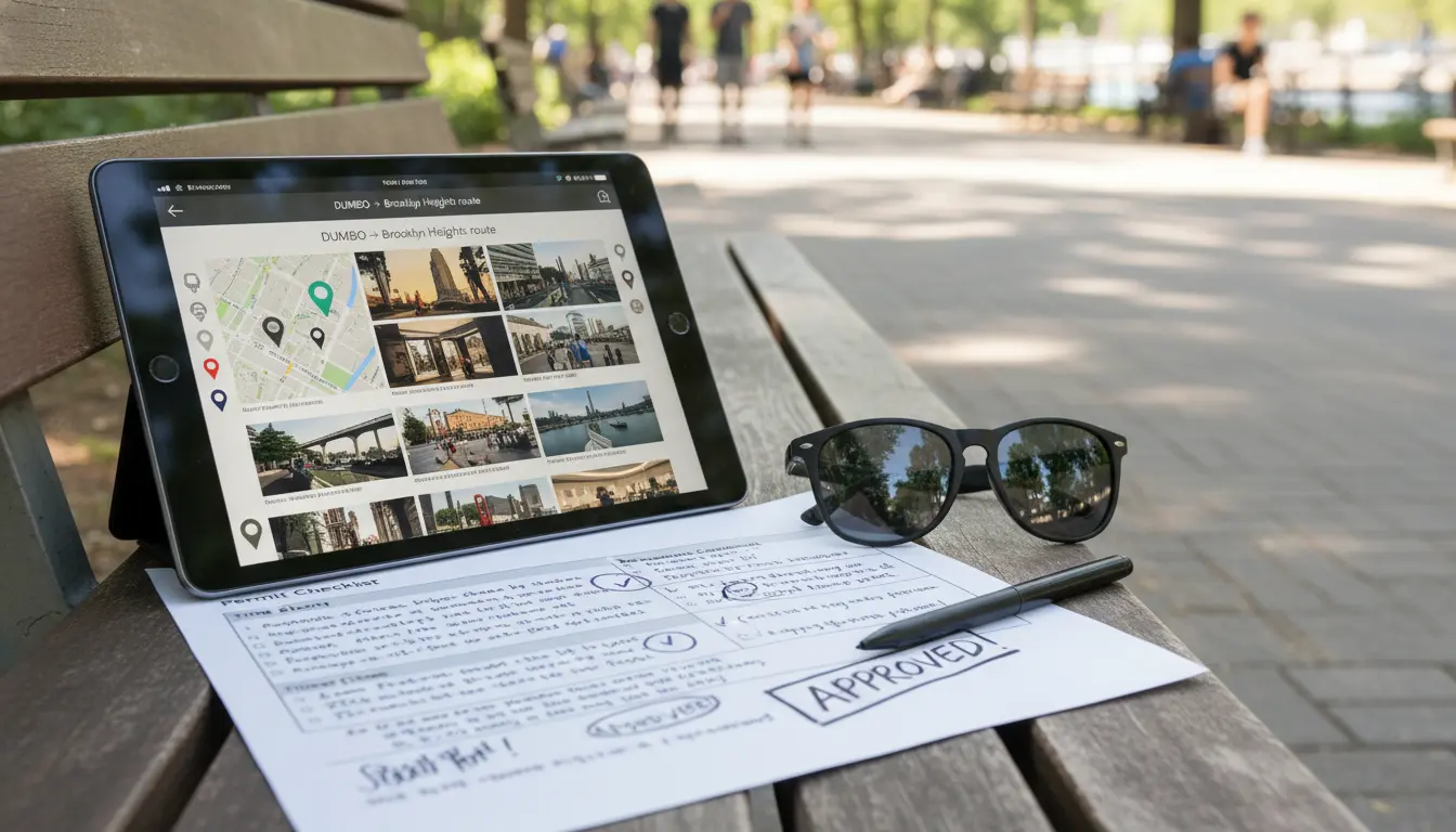 Pre-wedding photoshoot planning in Brooklyn showing tablet with shot plan and permit checklist