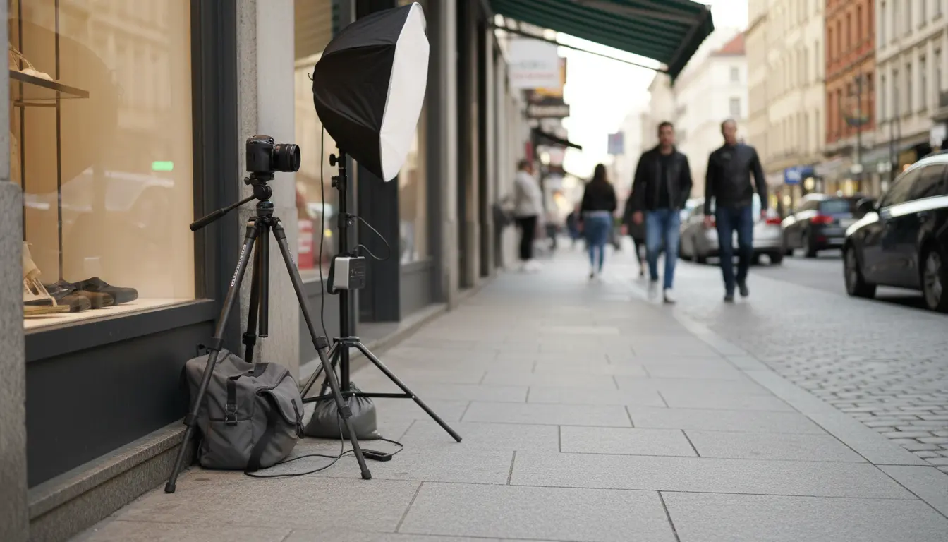 Wedding Photography Bensonhurst — compact equipment setup on a narrow sidewalk near storefronts