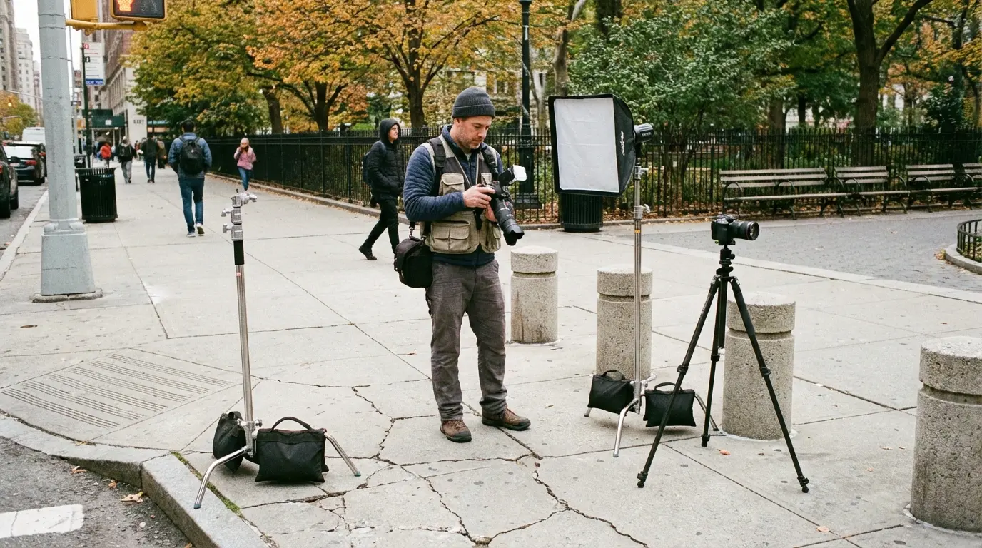 Wedding Photography in Dyker Heights — compact on-location equipment setup on a sidewalk near the park edge