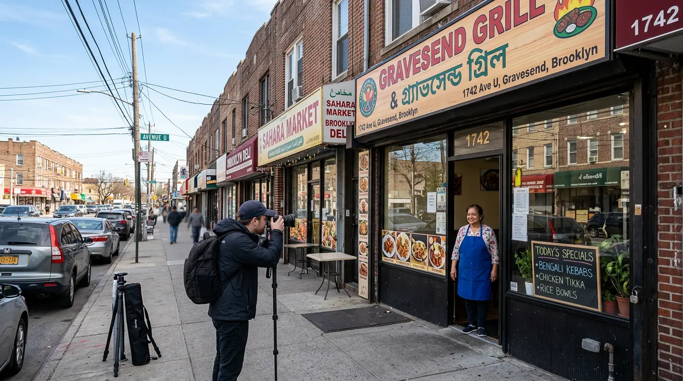 Commercial photographer photographing small business storefront on Gravesend Brooklyn commercial block