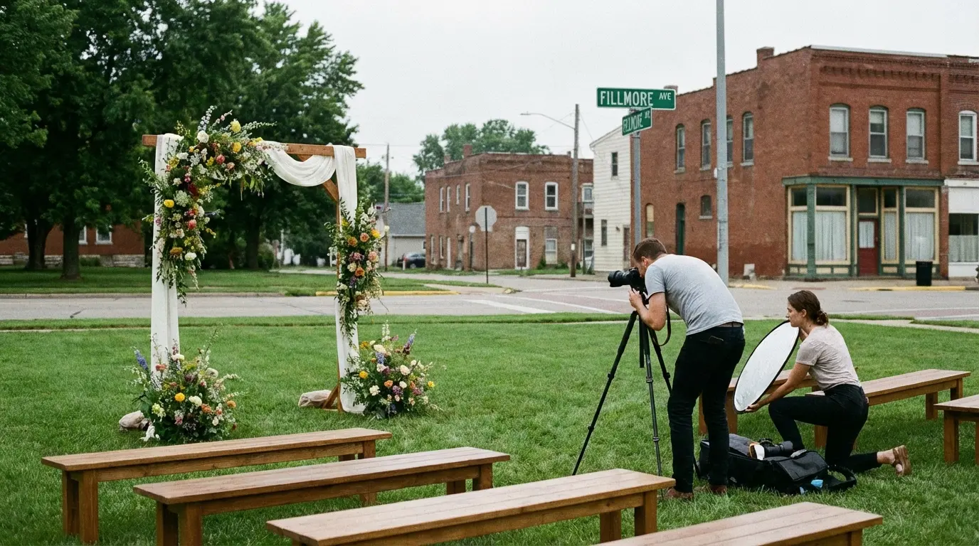 Wedding Photography Marine Park small outdoor ceremony setup on park perimeter near Fillmore Ave