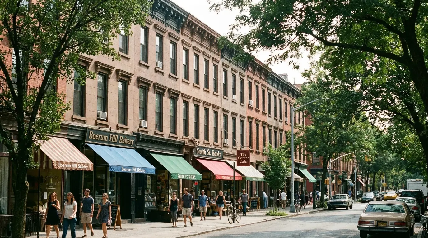 Wedding Photography Boerum Hill showing Smith Street brownstones, storefront awnings, tree canopy and sidewalk scale.