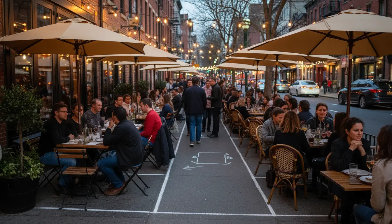Wedding Photography Carroll Gardens: Smith St restaurant corridor with outdoor seating and pedestrian congestion