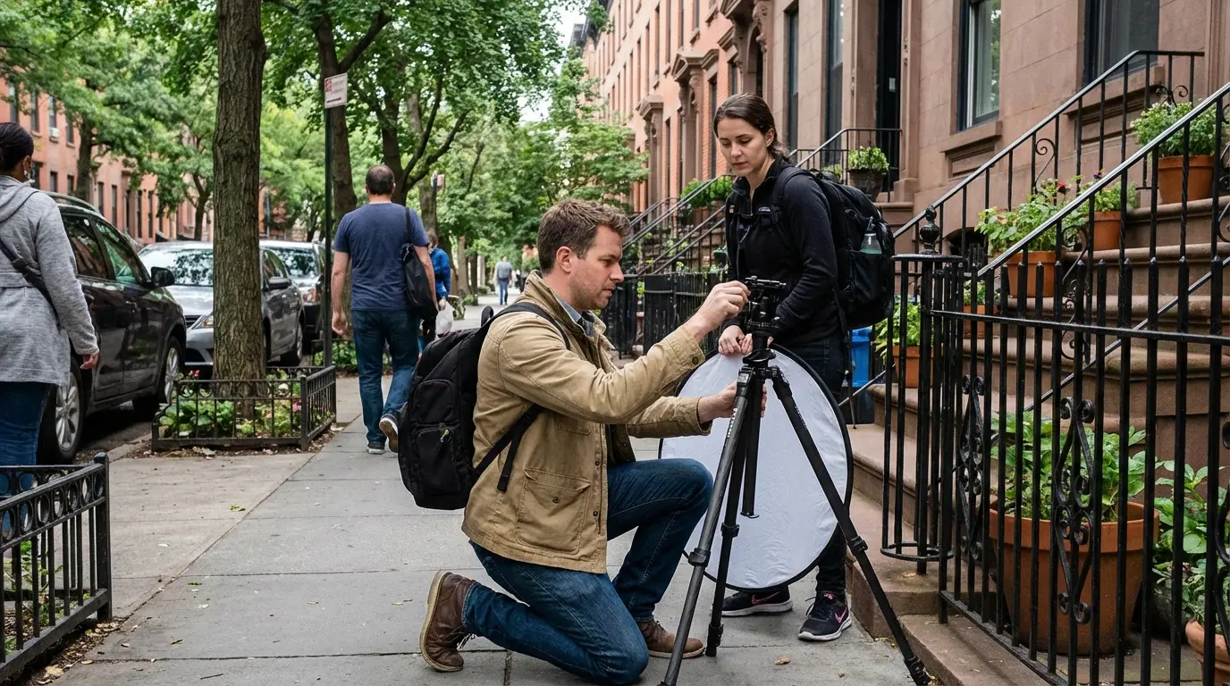 Wedding Photography Clinton Hill — photographer setup on a Clinton Hill stoop with tripod and reflector