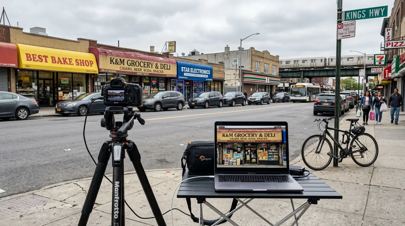 Commercial storefront photography on-site delivery review with image preview on Kings Highway in Gravesend Brooklyn