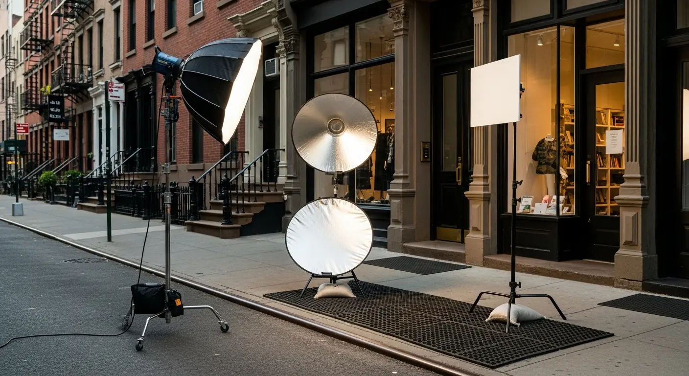 Wedding Photography Boerum Hill showing on-street lighting setup with sandbags and protective matting under a Smith Street storefront awning.