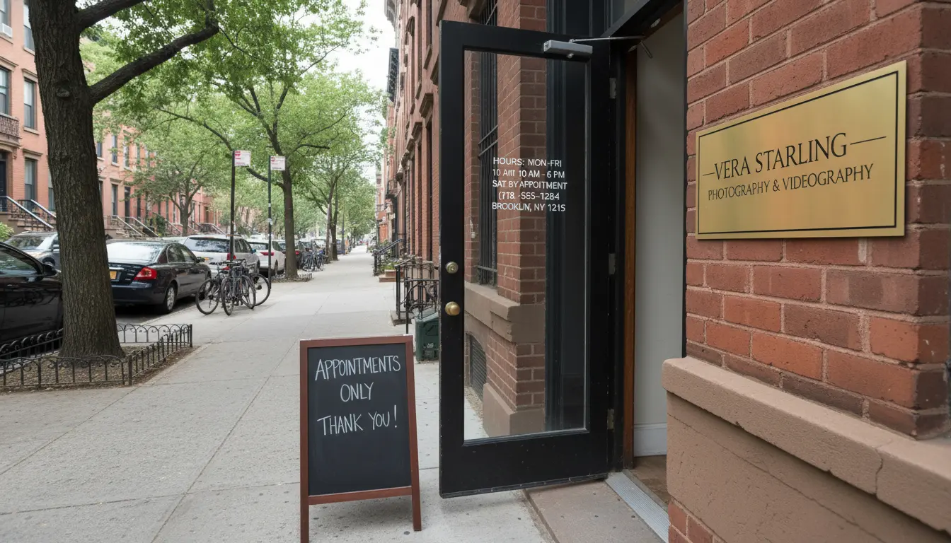 photography and videography studio in Brooklyn showing Vera Starling signage and Brooklyn address at entrance