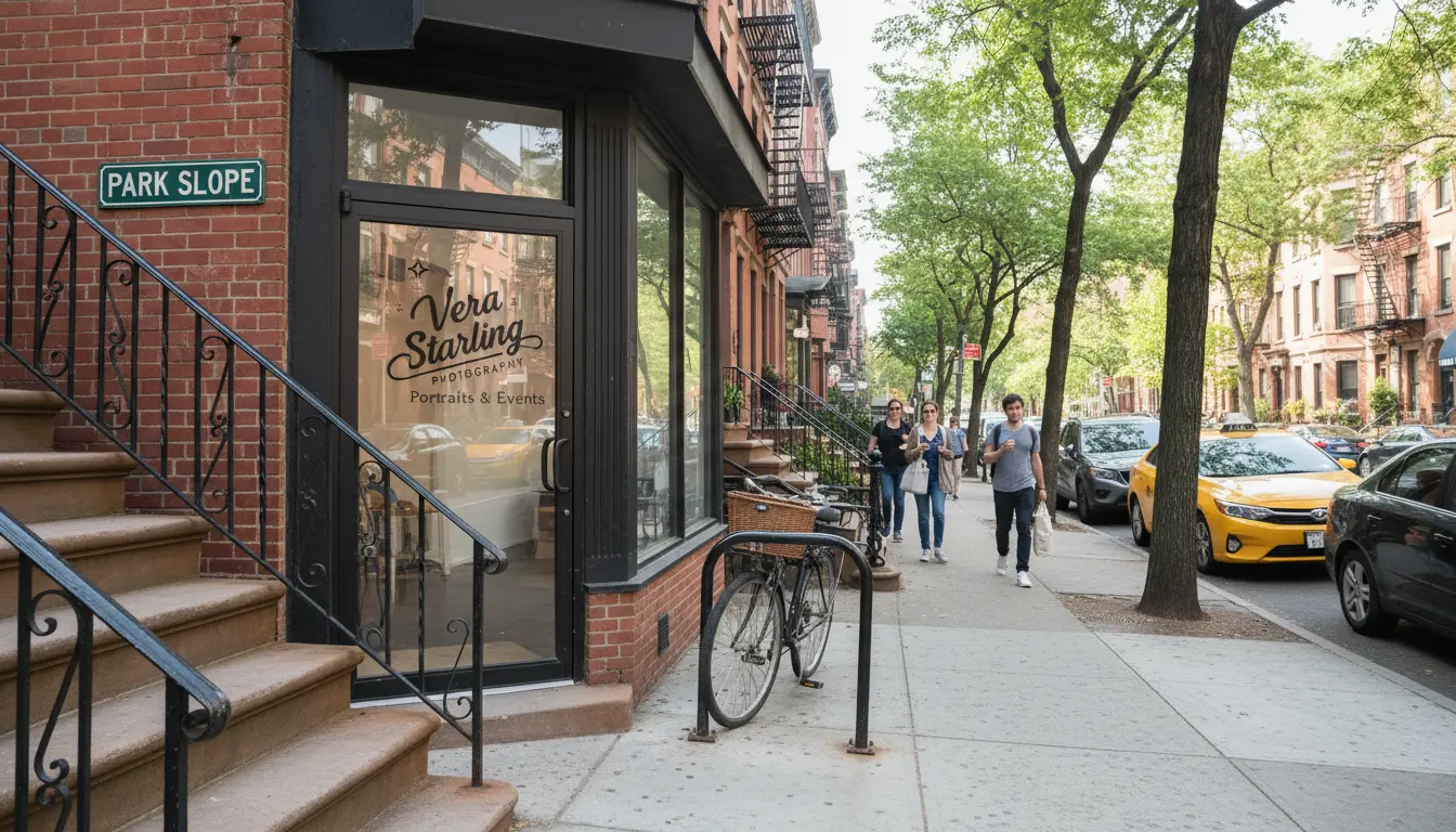 pet photography Brooklyn studio entrance with Vera Starling Photography decal and neighborhood sign