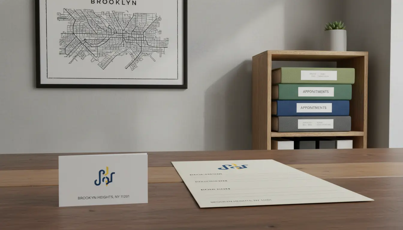 event videography in Brooklyn reception desk with business card and booking form showing Brooklyn address