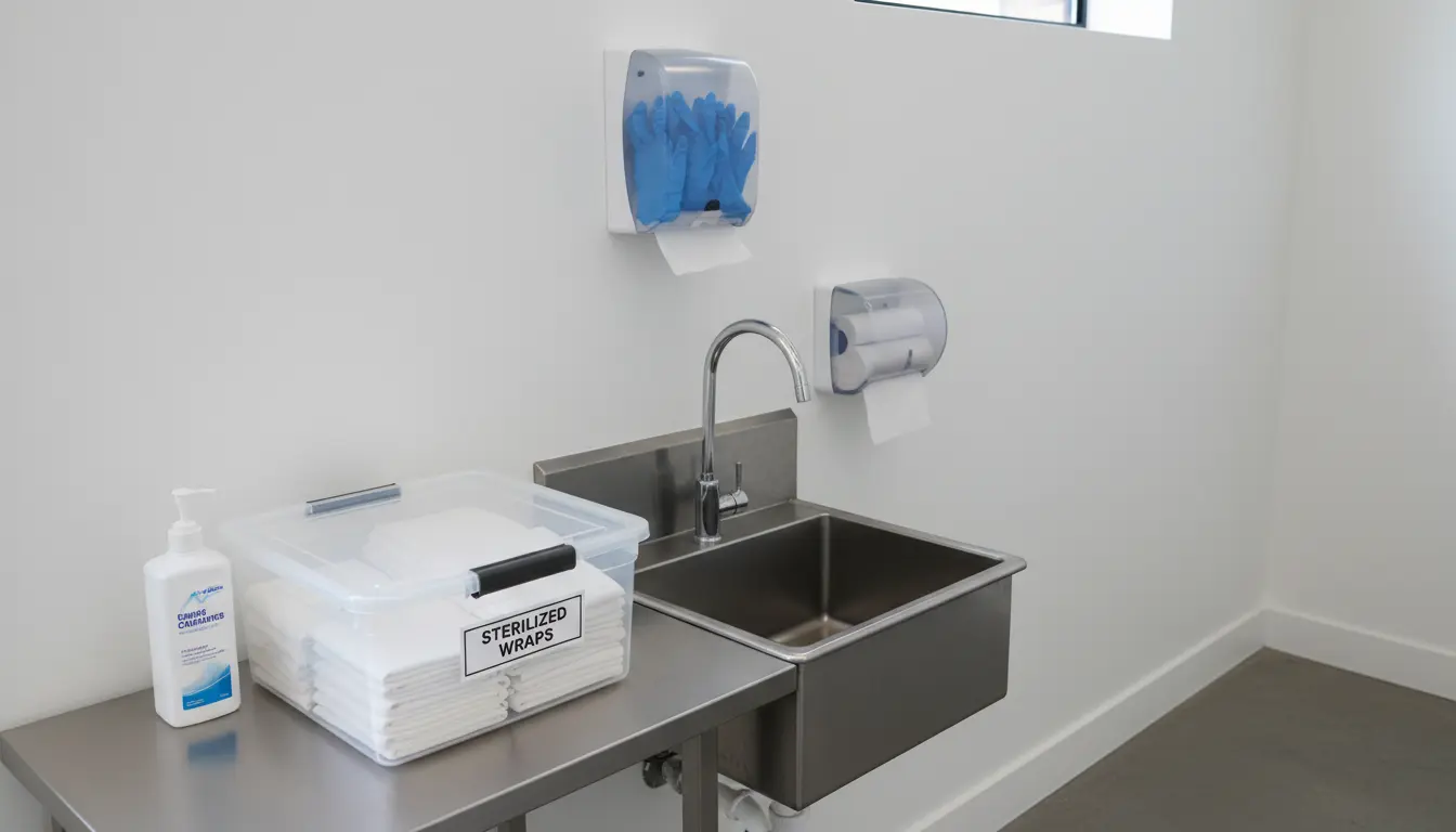 Newborn photography Brooklyn studio sanitation station with clean wraps and sanitizer