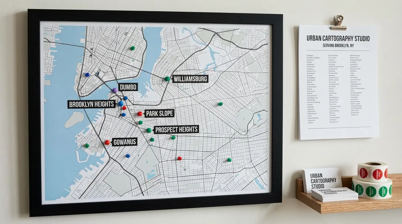portrait photography Brooklyn service map with neighborhood pins and studio service-area sheet