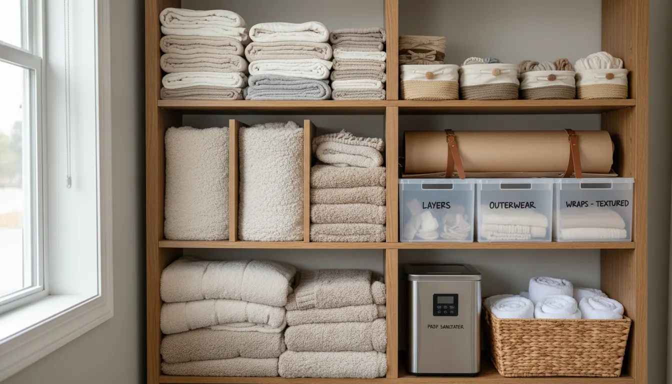 Newborn photography Brooklyn studio props and wraps on organized shelving