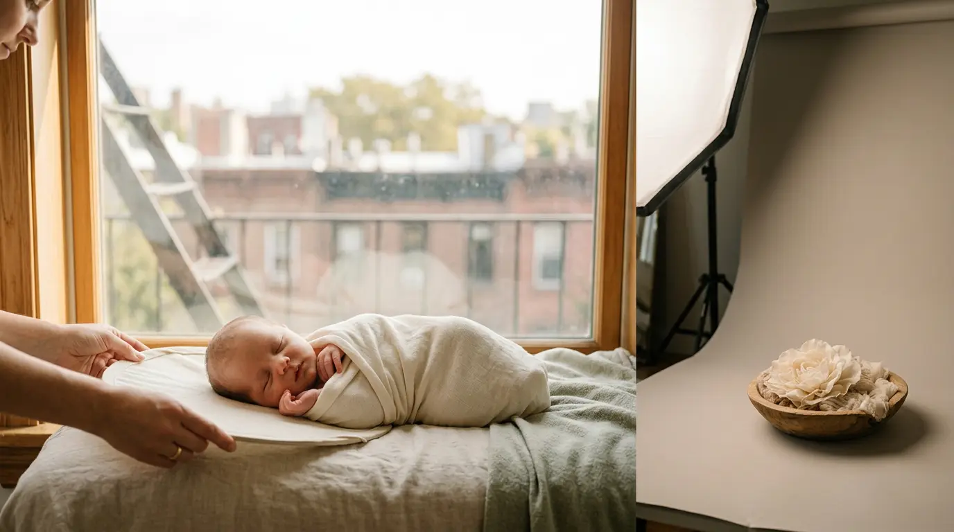 Newborn baby in cream wrap under soft window light during in-home photography session in Brooklyn NY apartment
