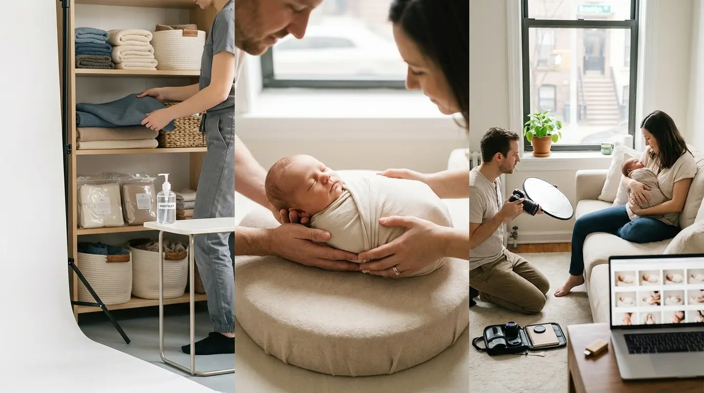 Newborn photography Brooklyn — photographer adjusting wrap on newborn while assistant spots