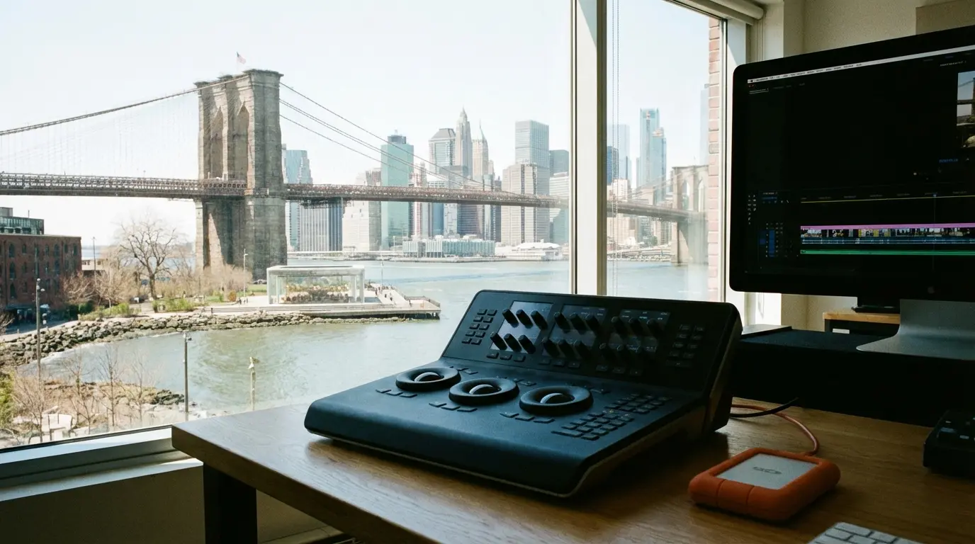 Brooklyn video editing studio interior with Brooklyn Bridge view showing workspace and landmark
