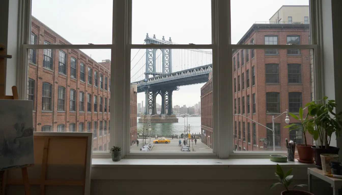 boudoir photography Brooklyn studio window view showing a Brooklyn landmark outside